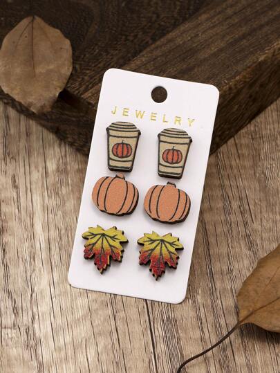 KWHY 3 Pairs/Set Fashionable Wooden Pumpkin & Maple Leaf Stud Earrings Set, Suitable For Women To Wear During Thanksgiving