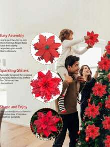 10 Piezas de Flores Navideñas, Dorado, Rojo, Plateado, Flores para Árbol de Navidad, Flores Navideñas Brillantes, Flores de Poinsetia, Artificiales para Decoración de Árbol de Navidad, Decoración de Fiesta, Navidad