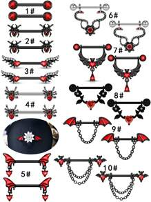 1 Stück Halloween schwarze Flügel Brustwarzen Stab lackierter Edelstahl Hantelbrustwarzenring mit roten Zirkonia Spinnen- und Fledermaus Elementen Brustwarzen Piercing Schmuck