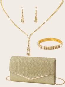 4 件装女式水钻晚装手拿包水钻耳夹新娘婚礼颈链手链吊坠闪亮钱包手拿包女士晚装包舞会闪亮手提包带可拆卸链条适合婚礼和派对女士单肩包女士手拿包闪亮银色派对手提包婚礼包，时尚钱包与女士生日礼服完美搭配 - 金色 - 查看 2
