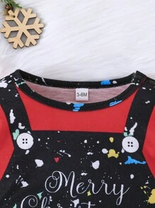 Baby Boy Long Sleeve Cute Santa Claus & Dinosaur Print Fake Suspenders Jumpsuit, Christmas Holiday - Multicolor - View 3