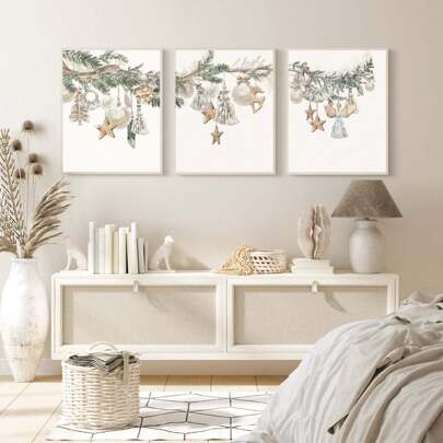 Set aus 3 nordischen Weihnachtsdrucken auf Leinwand, vintage Winterurlaubs-Dekoration, Stechpalmen-Kranz mit Glocken, rustikale Weihnachtskunst, ungerahmt, Weihnachtsdekoration, Weihnachtsbaum-Geschenkdekoration, Herbstdekoration, Herbstdekoration, Geburtstagsdekorationen für Geschenke, Partyartikel, Innenraum-Feiertagsfestdekoration, Halloween-Dekoration, Wanddekoration, Halloween-Ornamente