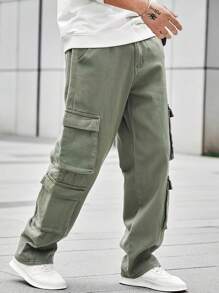 Men Flap Pocket Side Cargo Jeans - Army Green - View 3