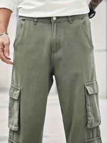 Men Flap Pocket Side Cargo Jeans - Army Green - View 4