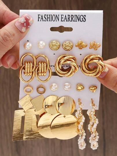 11 Pairs Vintage Style Silver Geometric Earrings Set For Women