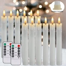 12-Piece Set Flameless LED Taper Candles With Holders, Battery-Operated Flickering Ivory Lights, 10-Key Remote Control With Timer, Warm White Ambiance, Perfect For Wedding, Valentine's, Halloween, Thanksgiving, Decor - White - View 1