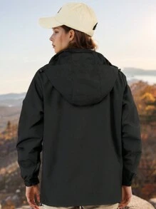 GRIM PANDA 女款輕量防水拉鍊連帽雨衣，防風戶外外套，適合登山、露營、旅行，提供大尺碼 - 黑色 - 查看 3
