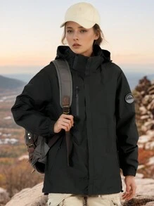 GRIM PANDA 女款輕量防水拉鍊連帽雨衣，防風戶外外套，適合登山、露營、旅行，提供大尺碼 - 黑色 - 查看 4