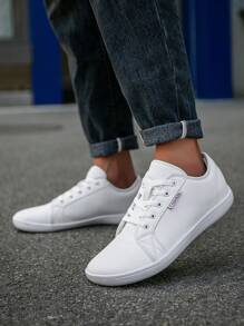 （适合宽/胖脚）男士时尚宽头系带黑色平底简约赤脚鞋，百搭户外宽版运动休闲商务正装鞋 - 白色 - 查看 6