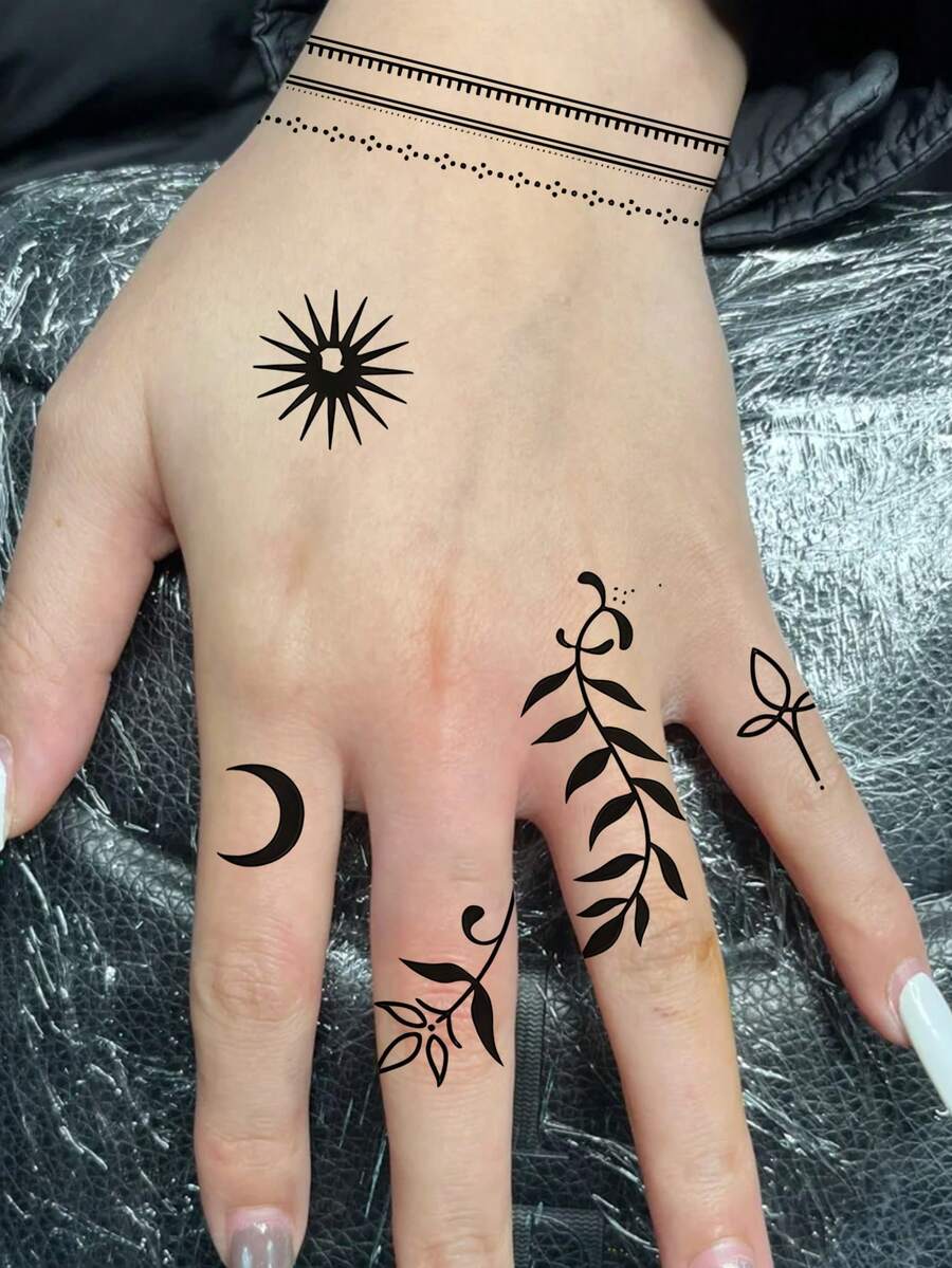 1 件花卉植物图腾临时纹身简单防水防汗一次性纹身贴纸适用于女性手臂、腰部、胸部、腿部、腹部、颈部、手部、手指、背部现代人体艺术 - 黑色 - 查看 1