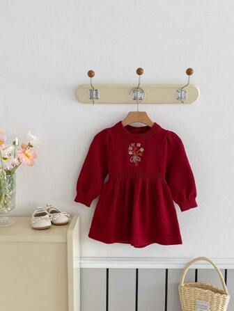 1 件装幼儿女童时尚休闲百搭刺绣长袖针织公主裙，适合春秋季节