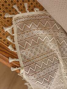 1 pieza Mantel de estilo francés vintage romántico de encaje blanco con borlas, adecuado para picnic, fiesta festiva, boda, evento, decoración de habitación