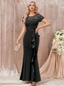 MIUSOL 亮片花卉蕾丝荷叶边饰缎面美人鱼下摆晚会长裙，优雅女装，正式晚礼服，适合婚礼嘉宾、毕业典礼、度假、晚宴