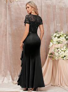 MIUSOL 亮片花卉蕾丝荷叶边饰缎面美人鱼下摆晚会长裙，优雅女装，正式晚礼服，适合婚礼嘉宾、毕业典礼、度假、晚宴