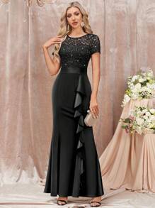 MIUSOL 亮片花卉蕾丝荷叶边饰缎面美人鱼下摆晚会长裙，优雅女装，正式晚礼服，适合婚礼嘉宾、毕业典礼、度假、晚宴