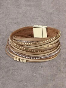 1pc Snake Pattern Leather Wrap Bracelet With Crystal Studs, Bohemian Style Wristband For Men, Gift For Women/Wife/Mother