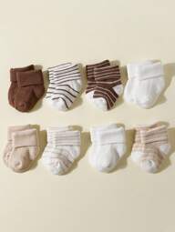 8pairs Solid & Striped Crew Socks For Infant, Daily Wear