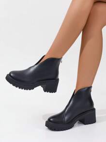 秋冬新款女纯色踝靴，简约时尚坡跟厚底复古机车靴，圆头高跟黑色机车靴 - 黑色 - 查看 4