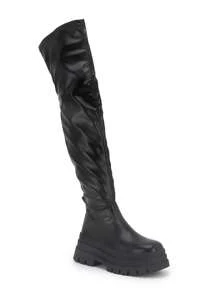 Women's Over The Knee Boots Round Toe Fashion Pleated Boots High Heels Thick Sole Stretch Boots Black Slip-On Flat Platform Boots