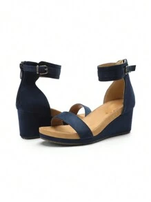Women Black Open Toe Buckle Ankle Strap Summer Platform  Valentine's Day  Wedge Sandals - 藏蓝色 - 查看 3