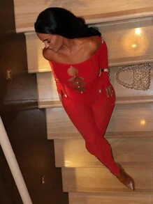 女士时尚蕾丝连体裤，镂空设计，性感紧身款式 - 紅色 - 查看 4