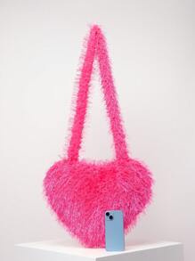 Y2K 复古糖果色毛绒斜挎包，蓬松蓬松女士单肩包，可爱心形女士钱包，女孩日常、约会和旅行手提包，新款毛皮钱包 - 玫紅色 - 查看 3