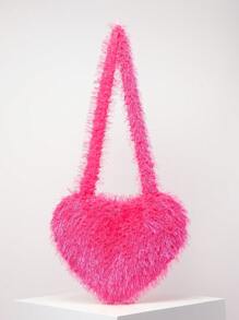 Y2K 复古糖果色毛绒斜挎包，蓬松蓬松女士单肩包，可爱心形女士钱包，女孩日常、约会和旅行手提包，新款毛皮钱包 - 玫紅色 - 查看 1