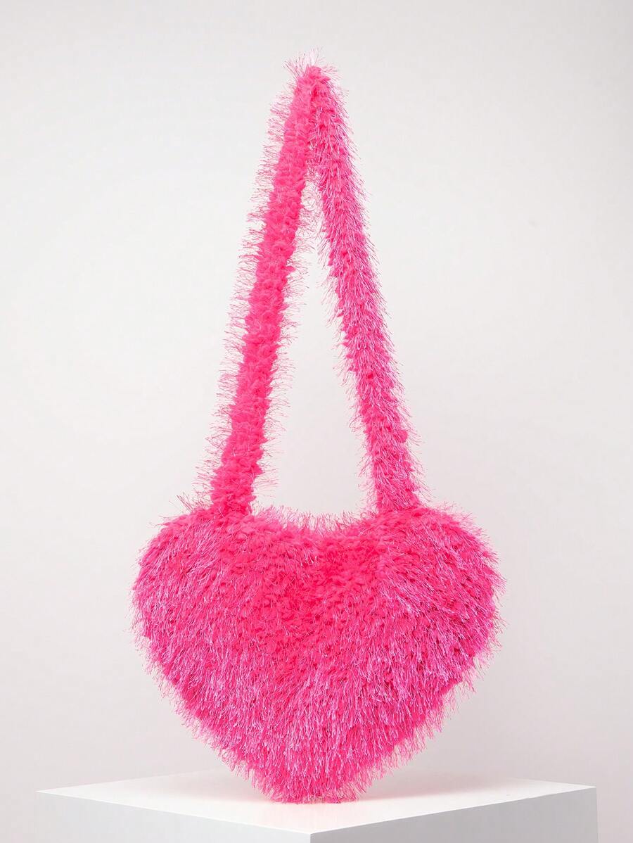 Y2K 复古糖果色毛绒斜挎包，蓬松蓬松女士单肩包，可爱心形女士钱包，女孩日常、约会和旅行手提包，新款毛皮钱包 - 玫紅色 - 查看 1