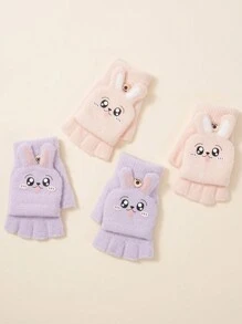 1 Pair Children's Warm Cute Cartoon Crystal Velvet Fingerless Flip-Top Gloves With Rabbit Design, For Autumn/Winter - Gloves - View 9