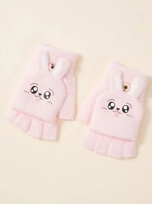 1 Pair Children's Warm Cute Cartoon Crystal Velvet Fingerless Flip-Top Gloves With Rabbit Design, For Autumn/Winter - Gloves - View 6