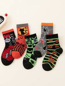 Set de 5 pares de calcetines de Halloween para niños, de colores naranja, morado, negro, amarillo, morado, naranja, azul, rojo, con estampados de fantasmas, calaveras, calabazas y otros diseños de monstruos de dibujos animados, para otoño/invierno, estilo punk callejero, casual, deportivo, universitario, gruesos para el invierno, estudiantes, para todo el año - Multicolor - Ver 10