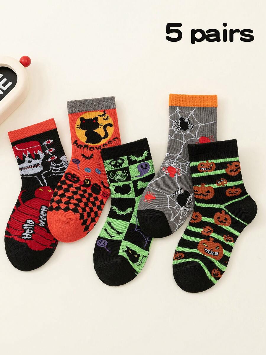 Set de 5 pares de calcetines de Halloween para niños, de colores naranja, morado, negro, amarillo, morado, naranja, azul, rojo, con estampados de fantasmas, calaveras, calabazas y otros diseños de monstruos de dibujos animados, para otoño/invierno, estilo punk callejero, casual, deportivo, universitario, gruesos para el invierno, estudiantes, para todo el año - Multicolor - Ver 1