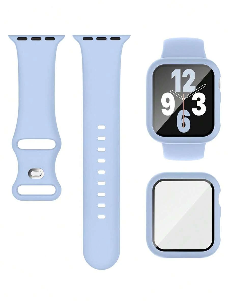 Set de 2 piezas: Correa de reloj deportivo suave y silicona azul + Protector de pantalla 2 en 1 de película templada ultrafina, para Apple Watch Banda 38/40/41/42/44/45/46/49mm, Series Ultra/SE/11/10/9/8/7/6/5/4/3/2/1, Accesorios de carcasa de reloj inteligente