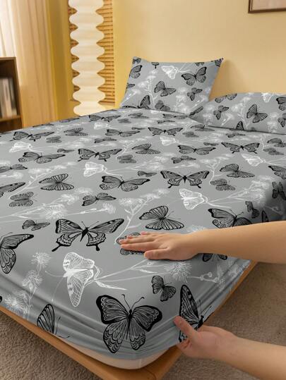 1pc  Butterfly Pattern Printed Brushed Fitted Sheet, Bedroom Fitted Sheet, Bedding (Pillow Case Not Included)