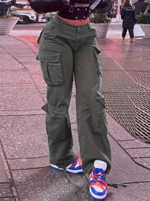 Women Mid Waisted Cargo Jeans Flap Pocket Straight Wide Leg Casual Baggy Boyfriend Denim Streetwear Pants(The Size Is Slightly Small; It Is Recommended To Order One Size Up.) - 灰色 - 查看 1