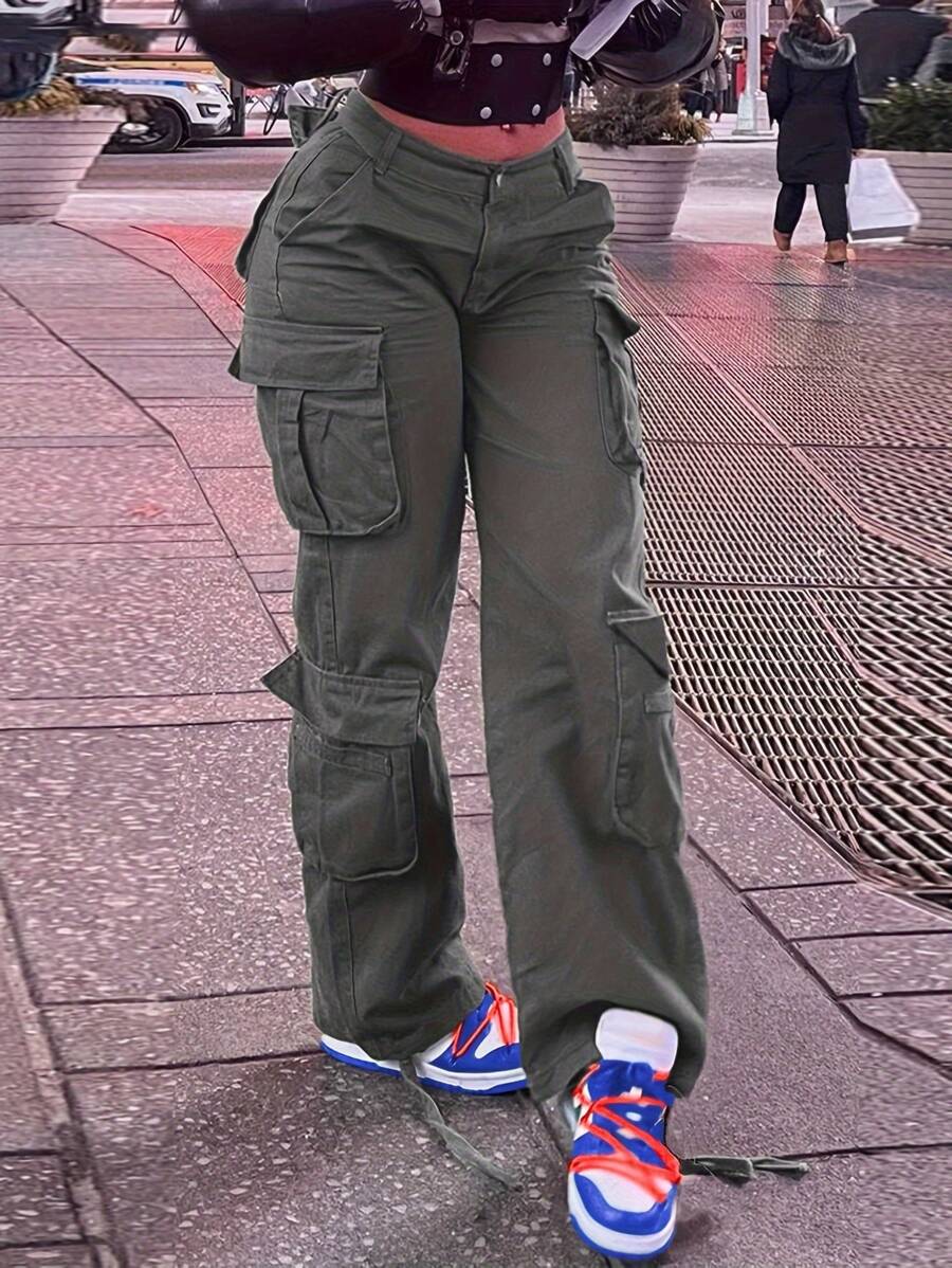 Women Mid Waisted Cargo Jeans Flap Pocket Straight Wide Leg Casual Baggy Boyfriend Denim Streetwear Pants(The Size Is Slightly Small; It Is Recommended To Order One Size Up.) - 灰色 - 查看 1