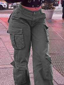 Women Mid Waisted Cargo Jeans Flap Pocket Straight Wide Leg Casual Baggy Boyfriend Denim Streetwear Pants(The Size Is Slightly Small; It Is Recommended To Order One Size Up.) - 灰色 - 查看 3