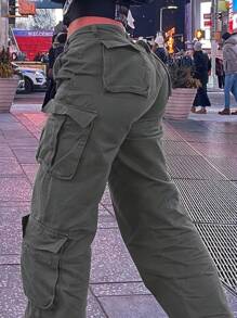 Women Mid Waisted Cargo Jeans Flap Pocket Straight Wide Leg Casual Baggy Boyfriend Denim Streetwear Pants(The Size Is Slightly Small; It Is Recommended To Order One Size Up.) - 灰色 - 查看 4