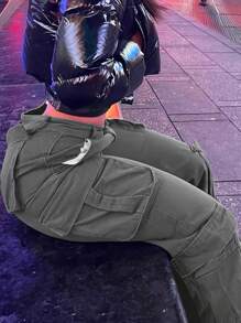 Women Mid Waisted Cargo Jeans Flap Pocket Straight Wide Leg Casual Baggy Boyfriend Denim Streetwear Pants(The Size Is Slightly Small; It Is Recommended To Order One Size Up.) - 灰色 - 查看 2