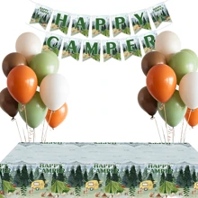 Summer Camping Adventure Theme Tablecloth Camp Party Decorations, Campfire Plastic Rectangular Table Cover, Sage Green Brown Balloon Set, Camping Happy Camper Banner, Camping Theme Happy Camper Banner For Outdoor Yard Campsite Decor And Camping Hiking Atmosphere Creation, Fun House Banner With Campfire Tent Oil Lamp Adventure Camping Birthday Party Decoration, Camping Birthday Party Supplies Picnic Hiking Camp Adventure Party Supplies