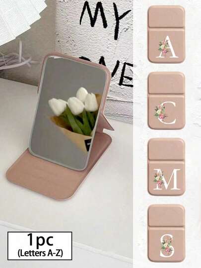 1pc Mini Initial Folding Portable Makeup Mirror, A-Z Letter Stand Makeup Mirror, Travel Mirror, Beauty Product, Desktop Makeup Mirror, Rectangular Desktop Compact Makeup Mirror, Foldable Small Minimalist Makeup Mirror, Student Dorm Mirror, Back To School Gift, Travel Portable Makeup Mirror, Ideal Gift For Women - Best Gift For Mom And Teachers (Pink Mirror),Giveaways,Travel,Cheap Stuff,Travel Essential