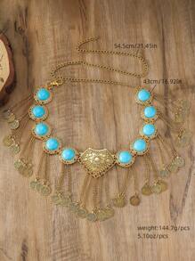 1 件复古时尚夸张做旧金属链绿松石圆盘流苏腰链和腰带，波西米亚高端百搭配饰适合任何场合