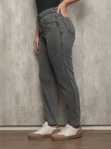 Calça Shein Jeans Mom Feminina Marmorizada Tecido Grosso Avenue Premium - Cinza - Visão 3