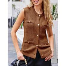 Womens Sleeveless Sweater Vest Button Up Cable Knit Crew Neck Casual Loose Summer Cardigan