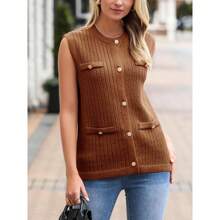 Womens Sleeveless Sweater Vest Button Up Cable Knit Crew Neck Casual Loose Summer Cardigan