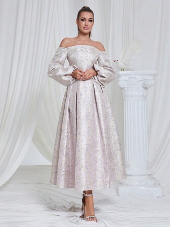 Elegantes Jacquard Off-Shoulder A-Linien Maxikleid mit langen Ärmeln für Partys, Abschlussball, Heimkehr, für Geburtstag, Abschluss, Heimkehr