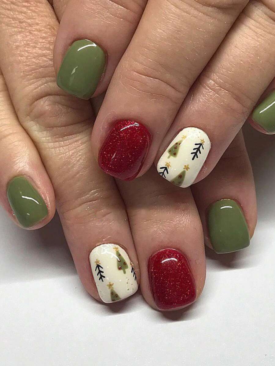 24 chiếc móng tay giả vuông ngắn có thể nhấn vào, móng tay Giáng sinh màu đỏ, xanh lá cây, họa tiết cây thông Noel, acrylic bóng, che phủ toàn bộ, dành cho phụ nữ và trẻ em gái, dụng cụ làm móng nghệ thuật mừng lễ Tạ ơn kèm keo dán 1 chiếc Dũa móng tay 1 chiếc - Nhiều màu - Xem 1