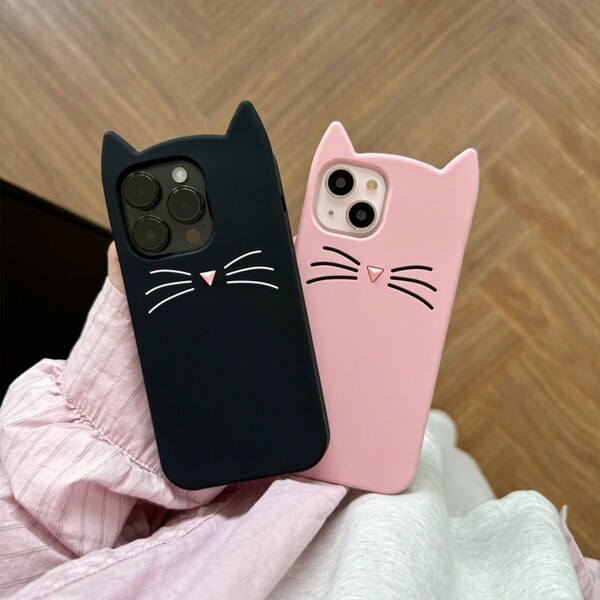 Apple Animal 3D Kitty Ear IPhone 15 Pro Max Case, Cute Soft Silicone Protective Cover Compatible With Iphone 14/X/XS/XR/13/12 Shockproof Simple Design For Women