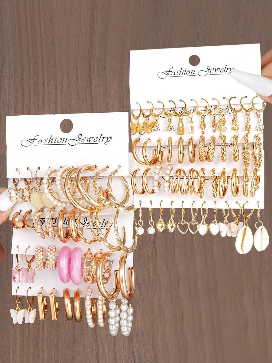 17KM 24 件/40 件/48 件/88 件简约金属几何蝴蝶和心形耳环套装，女士度假/派对礼物，日常佩戴 - 金黃色 - 查看 1