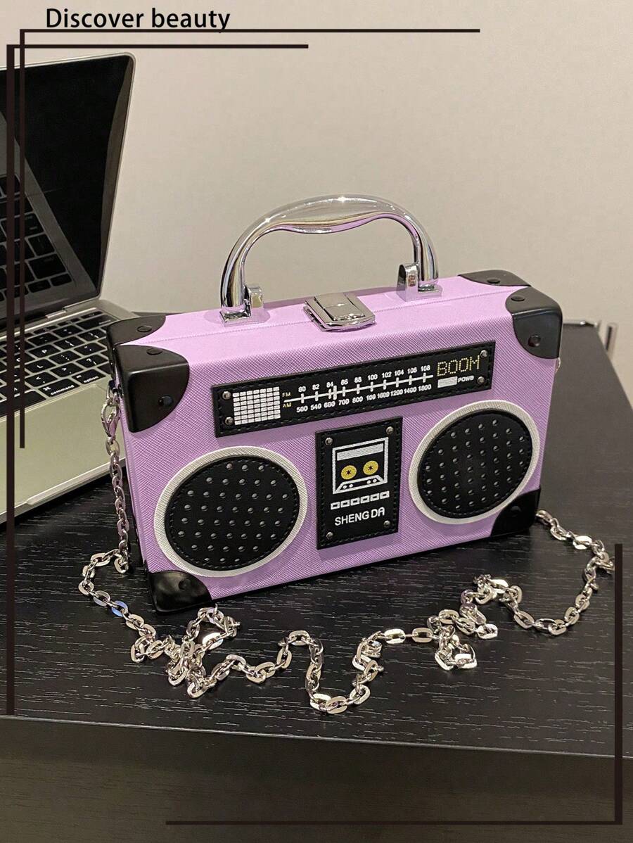 1 件新款收音机形状手提包，采用紫色音乐元素盒设计，有趣的礼盒风格扬声器形状钱包，适合女性